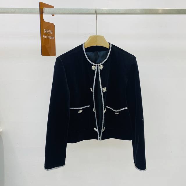 New Simple and Elegant Chanel-Style Color-Blocked Heavy Rhinestone Trim Short Ja