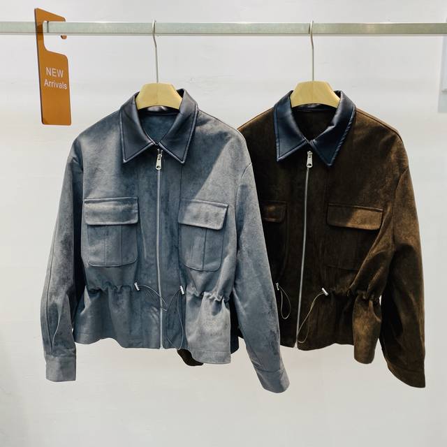 New Retro Patchwork Leather Collar Suede Chic and Versatile Jacket Top Smlxl