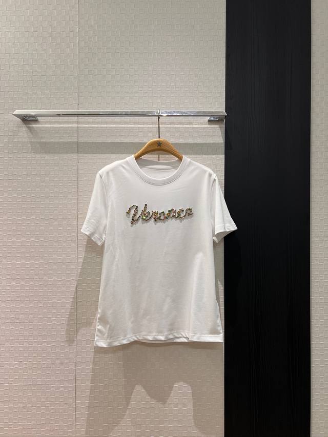 New Heavy-Duty Rhinestone Inlaid Logo Letter T-Shirt, Exquisite and Versatile, S