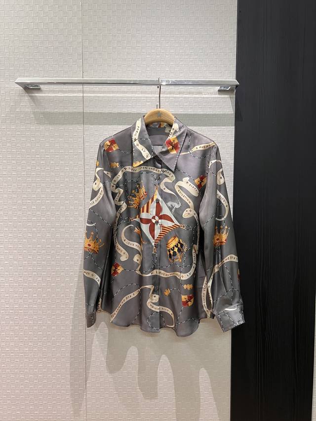 New Crown Ribbon Printed Silk Twill Shirt, Heavyweight Silk, Simple, Stylish, V