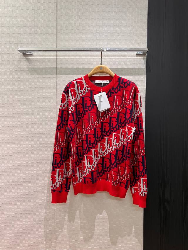 New Classic Jacquard Logo Letter Crew Neck Wool Knit Top, Casual, Loose Fit, Yo