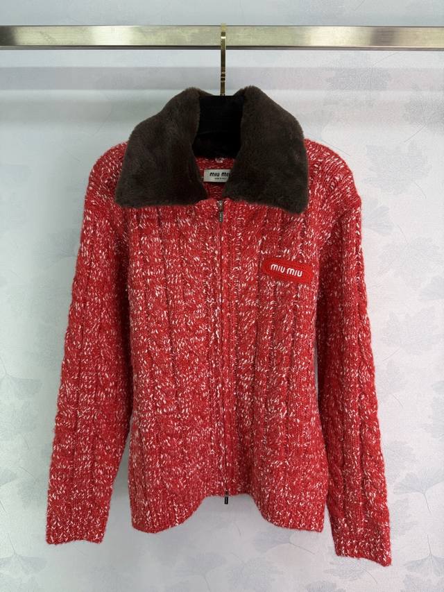 Miumi*2025 Autumn/Winter New Style Fluffy Lapel Snowflake Dot Zip-Up Cardigan! M