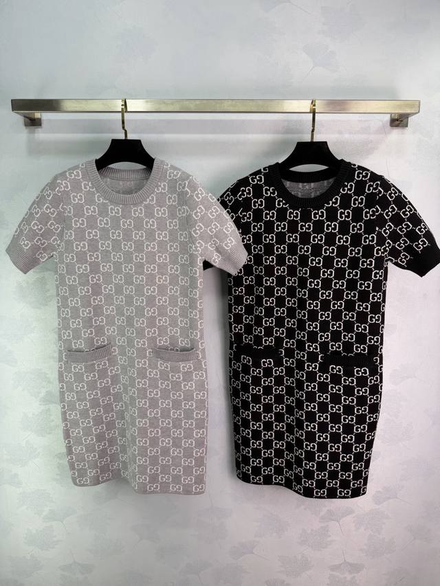 Gucc* 2026 Early Spring New Jacquard Knit Crew Neck Short Sleeve Dress! Custom w