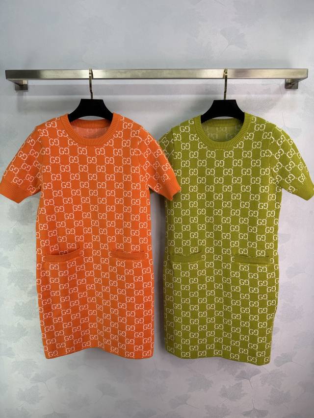 Gucc* 2026 Early Spring New Jacquard Knit Crew Neck Short Sleeve Dress! Custom w