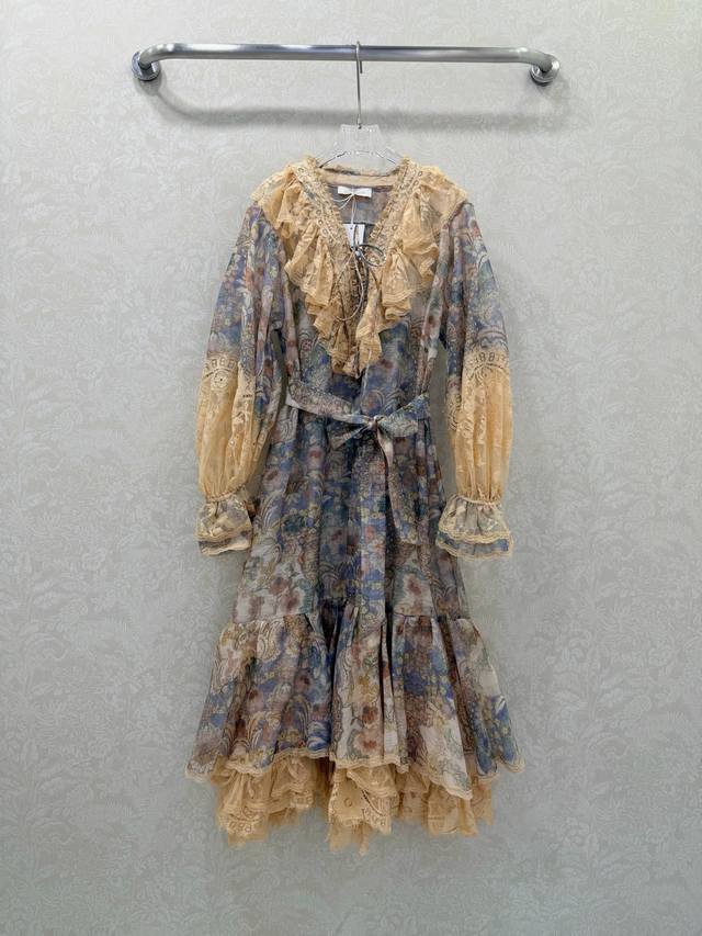 Zimmerm*26 New V-neck tie-up ruffled cuff lace dress, long style, super heavy-du