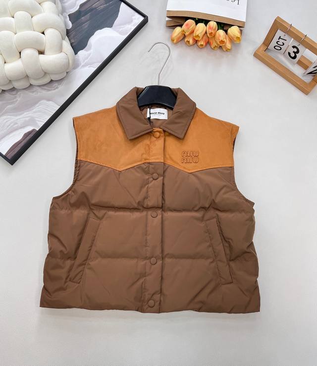 Miumiu25Fw Autumn/Winter New Leather Logo Lapel Patchwork Color-Blocked Down Ves