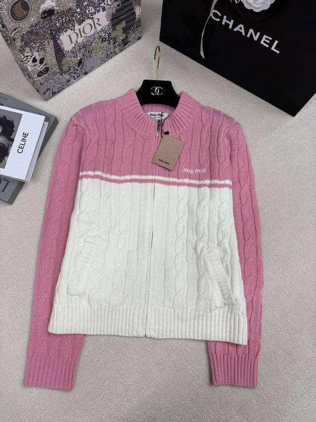 Miumi*25 Autumn/Winter New Knitted Stand Collar Cardigan with Color Block Design