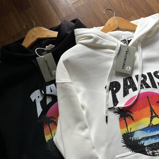 Balenciaga Eiffel Tower Sunset Coconut Tree Bat Letter Print Black and White Fle