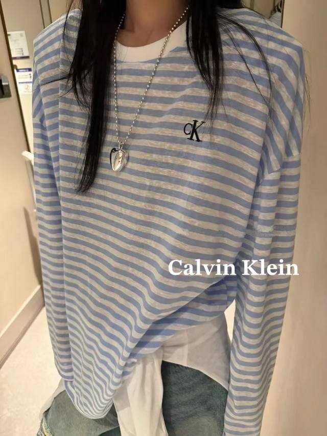 Special Price DDD Kevin Klein CK Embroidered Milk Blue Sunscreen Striped Long-Sl