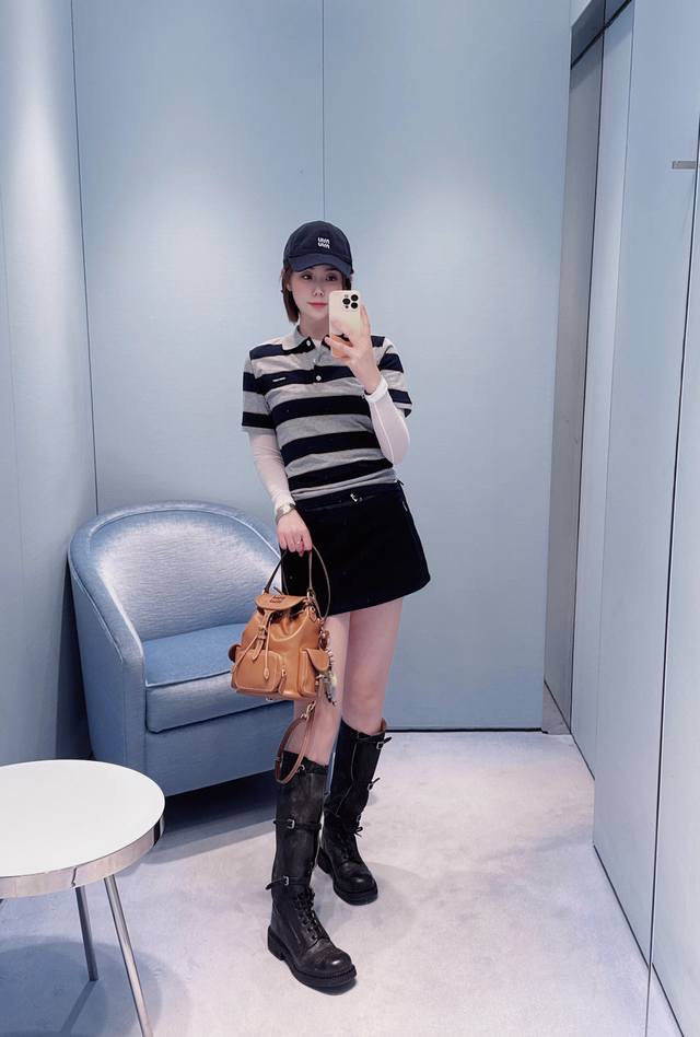 Miumi* 26Ss Early Spring New Blue-Grey Striped Polo Short-Sleeve Top | Exclusive