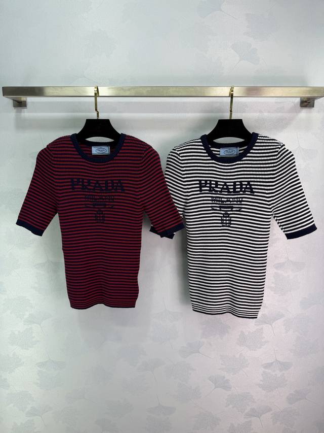 Prad* 2026 Early Spring New Color-Blocked Striped Knit Short-Sleeve T-Shirt! Mad