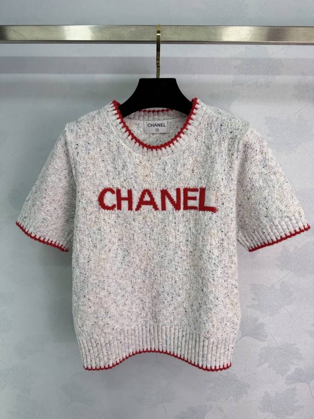 Ch*26 Early Spring New Letter Knit Short-Sleeve Top, white blended yarn + red lo