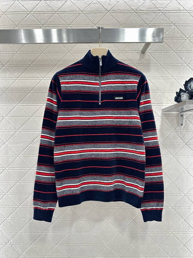 Miumi*2026 New Arrival DDD Knitted Striped Stand Collar Long Sleeve DDD Made wit