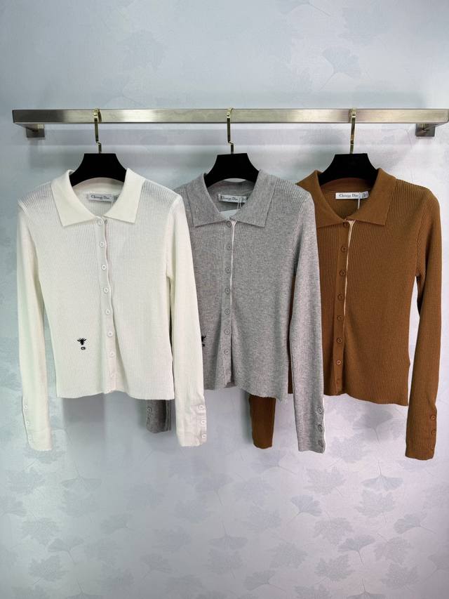 Dio*26 Early Spring New Polo Collar Knit Cardigan. Vertical stripes and a small