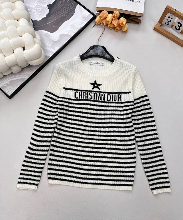 Dior striped five-pointed star wool knit sweater, adorned with embroidered five-