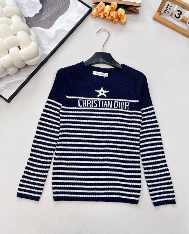 Dior striped five-pointed star wool knit sweater, adorned with embroidered five-