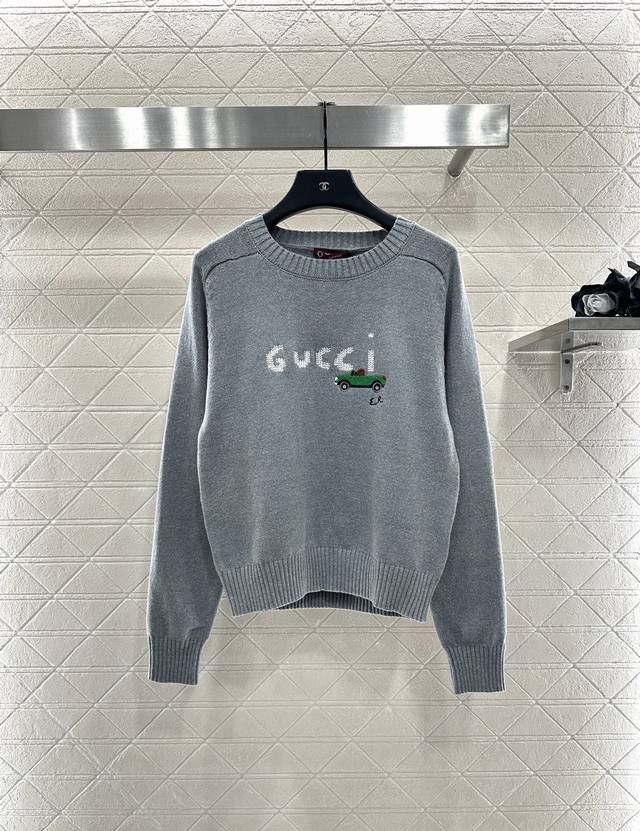 Gucc*2025 New Arrival Embroidered Crochet Crew Neck Pullover Sweater. Made of cu