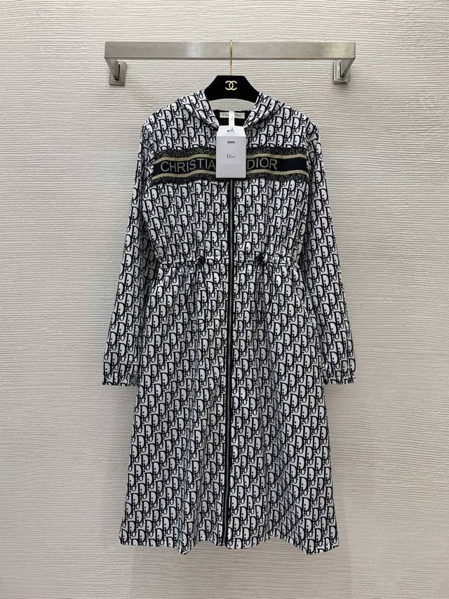 Dio*Louis* New All-Over Monogram Logo Print Mid-Length Hooded Zipper Trench Coat