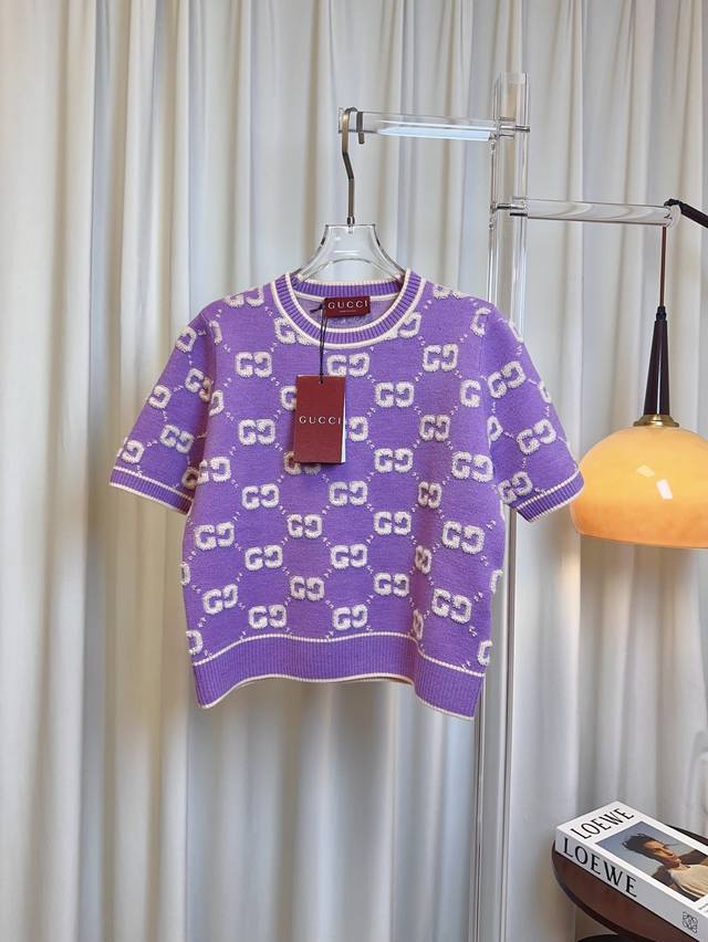 Gucc* New All-Over Logo Wool Short-Sleeve Top, Custom-Made, Wool Fabric with Exc