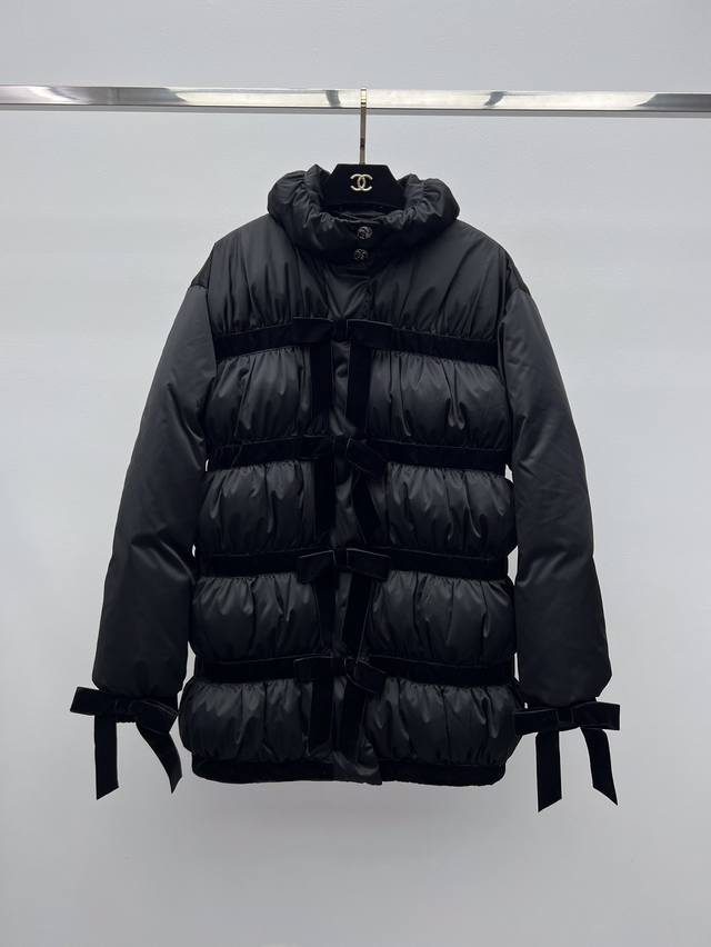 Chanel Velvet Bow-Embellished Down Jacket ( 25K Runway Look). Mid-length cut, tu